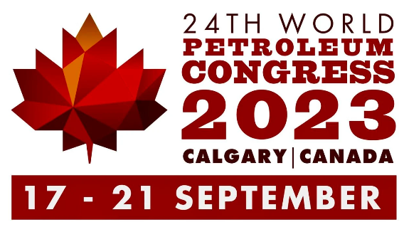 White background with red text on the right that reads "24th World Petroleum Congress 2023, Calgary | Canada, 17-21 September". To the left is a digitized graphic of a red maple leaf.