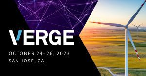 Black background to the left, with a windfarm on the right. White text that reads "VERGE October 24-26, 2023 San Jose, CA"